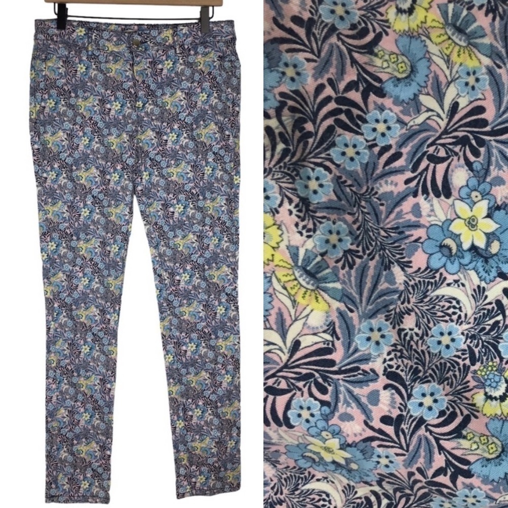ZARA Basic Denim Skinny Pants Floral Print Faux Leather Mock Pockets Size 28